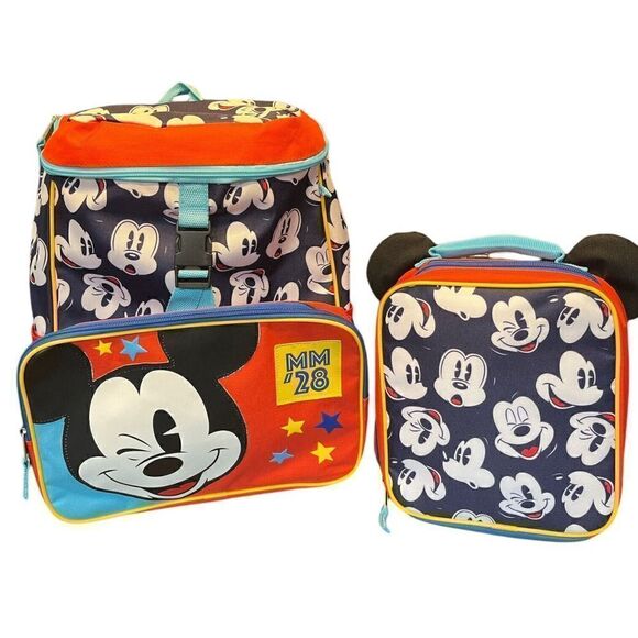 MICKEY MOUSE DISNEY BACKPACK & LUNCH BOX SET! BLUE RED SCHOOL BOOK BAG 2 PC EUC - Picture 1 of 6